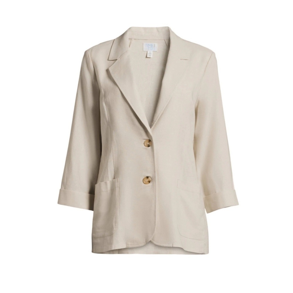 NEW Time and Tru Womens Size M(8-10) Linen Blend Blazer Beige Lightweight Jacket